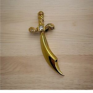 Vintage Goldtone Sword Pin With Square Rhinestone Accent 2.5”